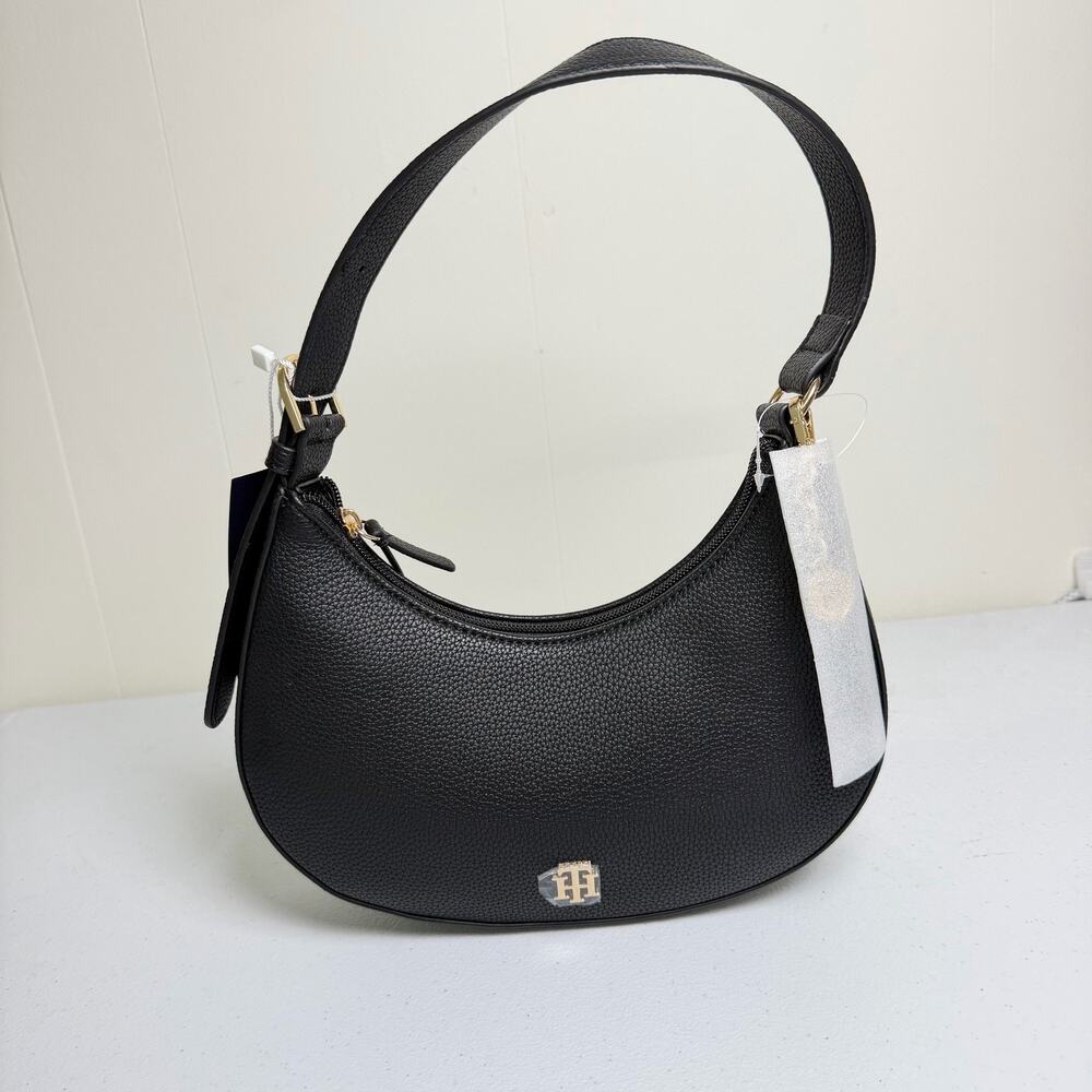 Tommy Hilfiger Women Black Small Crescent Shoulder Bag Gold Logo Hardware